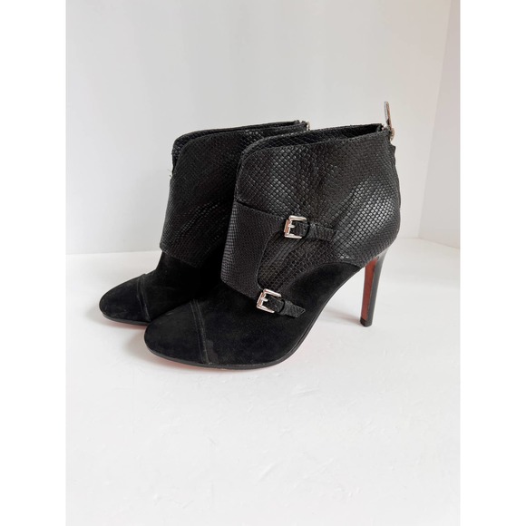 COACH Women's Black Embossed Leather Tina Buckle High Heel Ankle Boots size 7.5B - Picture 1 of 8